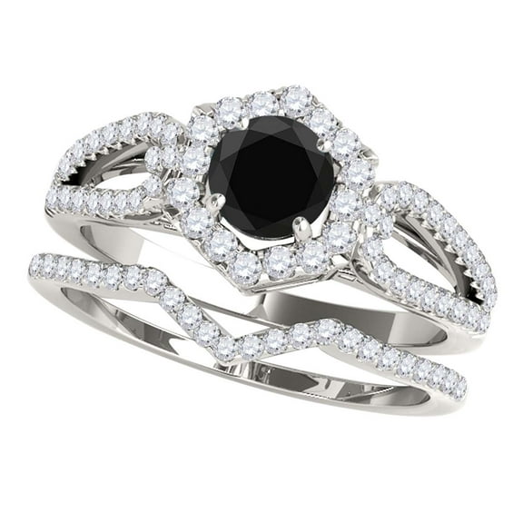 Aonejewelry 1.50 Ct. Ttw Halo Black Diamond Bridal Set In 14k White Gold