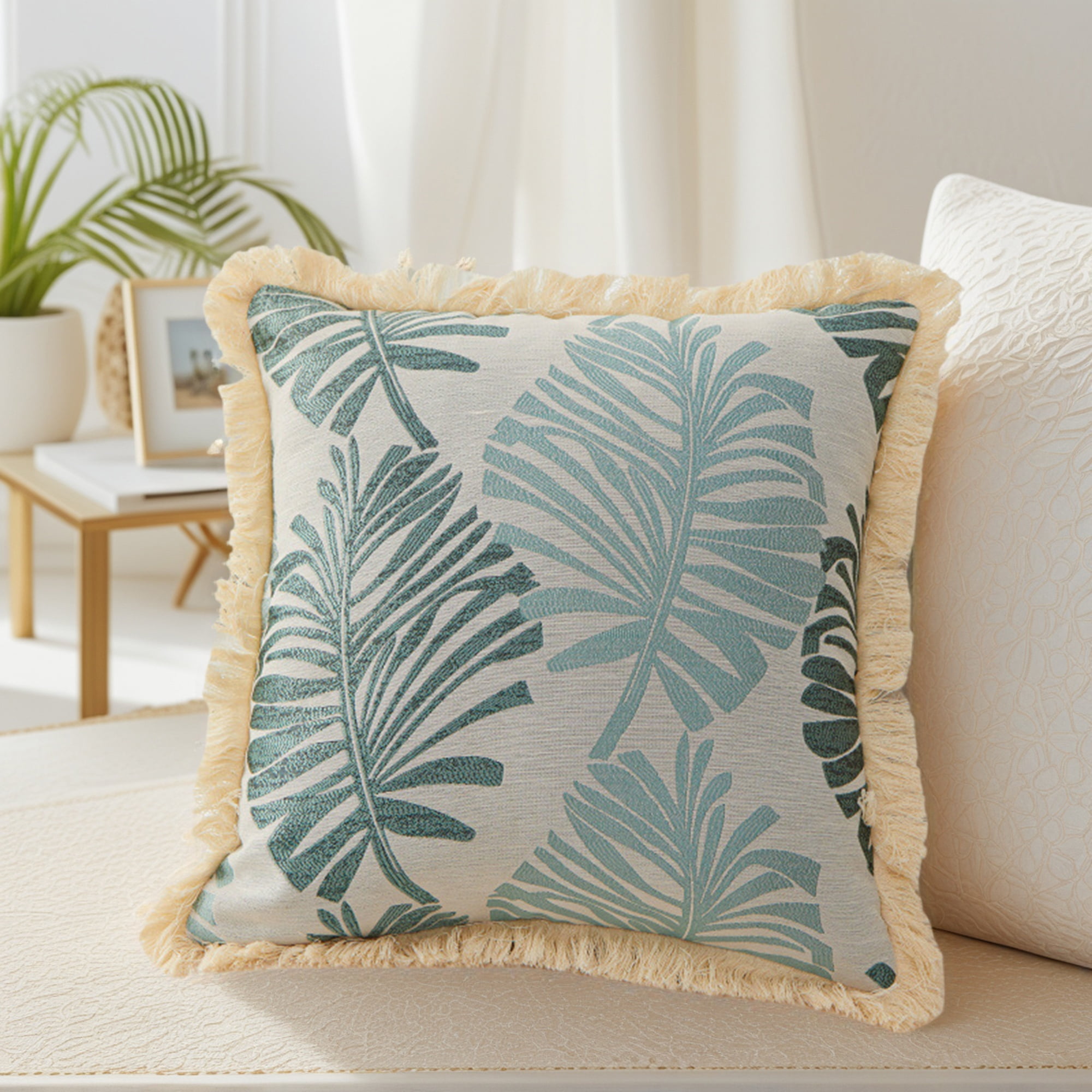 Unique Bargains Set of 2 Boho Palm Leaf Jacquard Throw Pillow with Tassel Edge Green