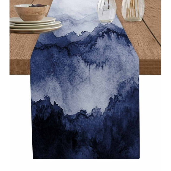 Navy Blue Ombre Mountain Burlap Cotton Table Runner 13x72 Inches Long, Nature Abstract Art Marble Farmhouse Table Runners, Outdoor Dining Tablecloths Decor for Baby Shower/Party/Wedding