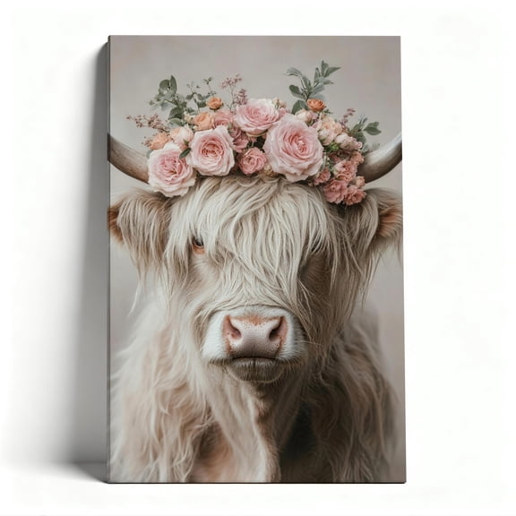 Highland Cow with Pink Floral Crown Canvas Wall Art, Whimsical Farmhouse Decor, Soft Pastel Animal Artwork for Bedroom, Ready to Hang