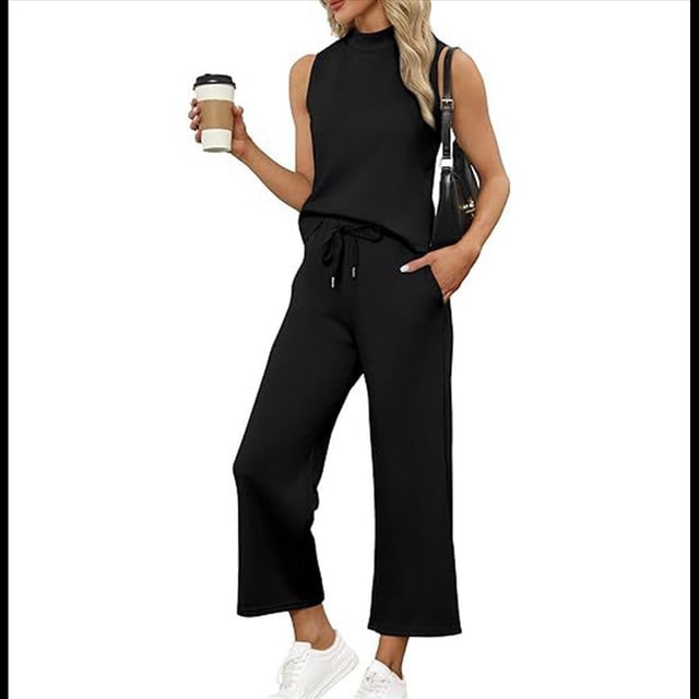 Conjuntos de Dos Piezas para Mujer, Conjuntos de Verano, Conjuntos de Estar por Casa, Blusas Cuello Alto, Pantalones Cortos Pierna , Conjuntos Viaje para Vacaciones. Negro M