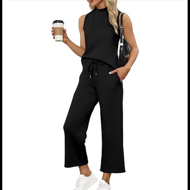 Conjuntos de Dos Piezas para Mujer, Conjuntos de Verano, Conjuntos de Estar por Casa, Blusas Cuello Alto, Pantalones Cortos Pierna , Conjuntos Viaje para Vacaciones. Negro M