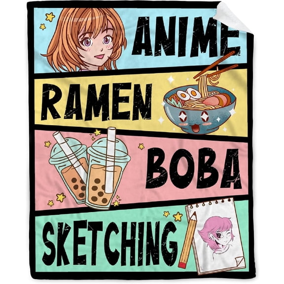Anime Blanket Gifts for Girls Kawaii Anime Decor for Women Anime Ramen Boba Sketching Flannel Blanket Anime Lover Stuff, Luxurious Warm and Cozy for M 50X60 Inch for Teen/Travel