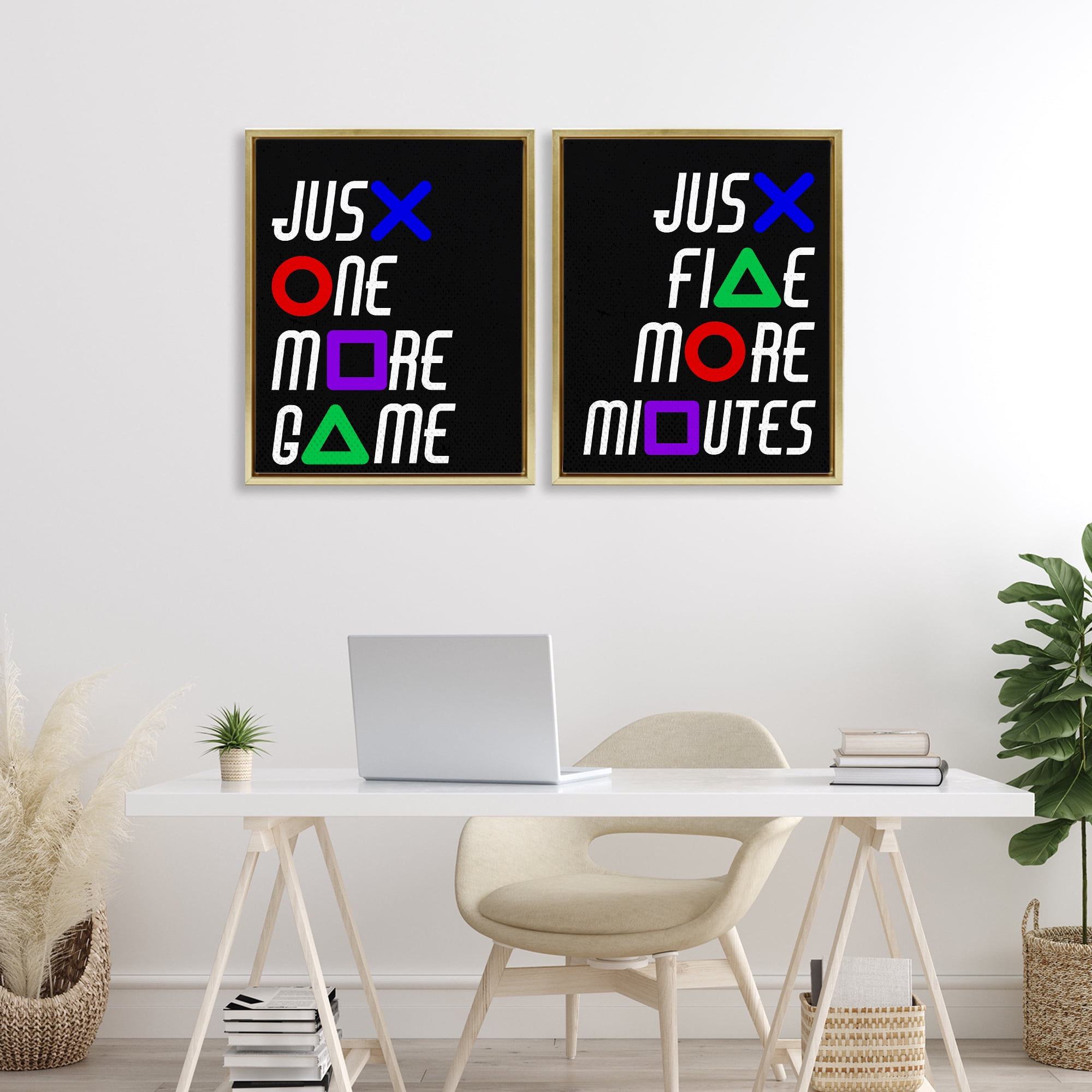 Gamer Button Symbols Phrases 2 Piece Gold Framed Floater Canvas Set, design by Kim Allen
