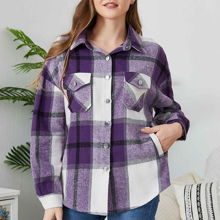Plaid Shacket Purple Plaid Shirt Jacket Women's Button Down Plaid