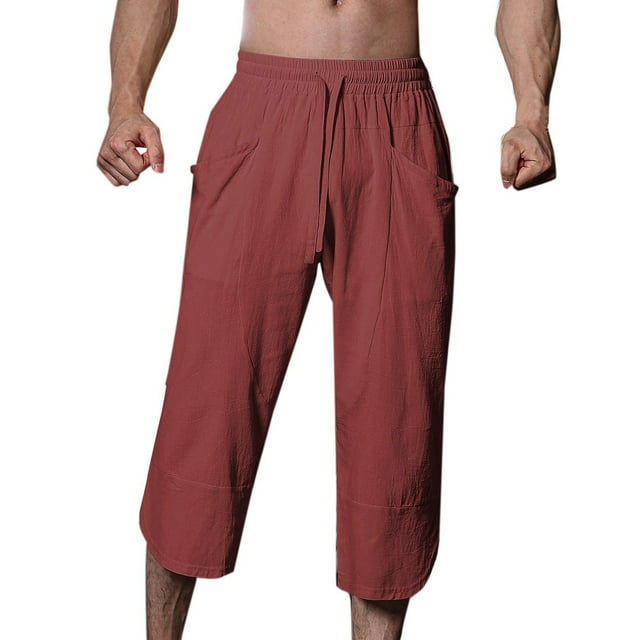 ameIAEA Mens Cotton Linen Capri Pants Elastic Waisted Drawstring Yoga Beach Pants with Pockets