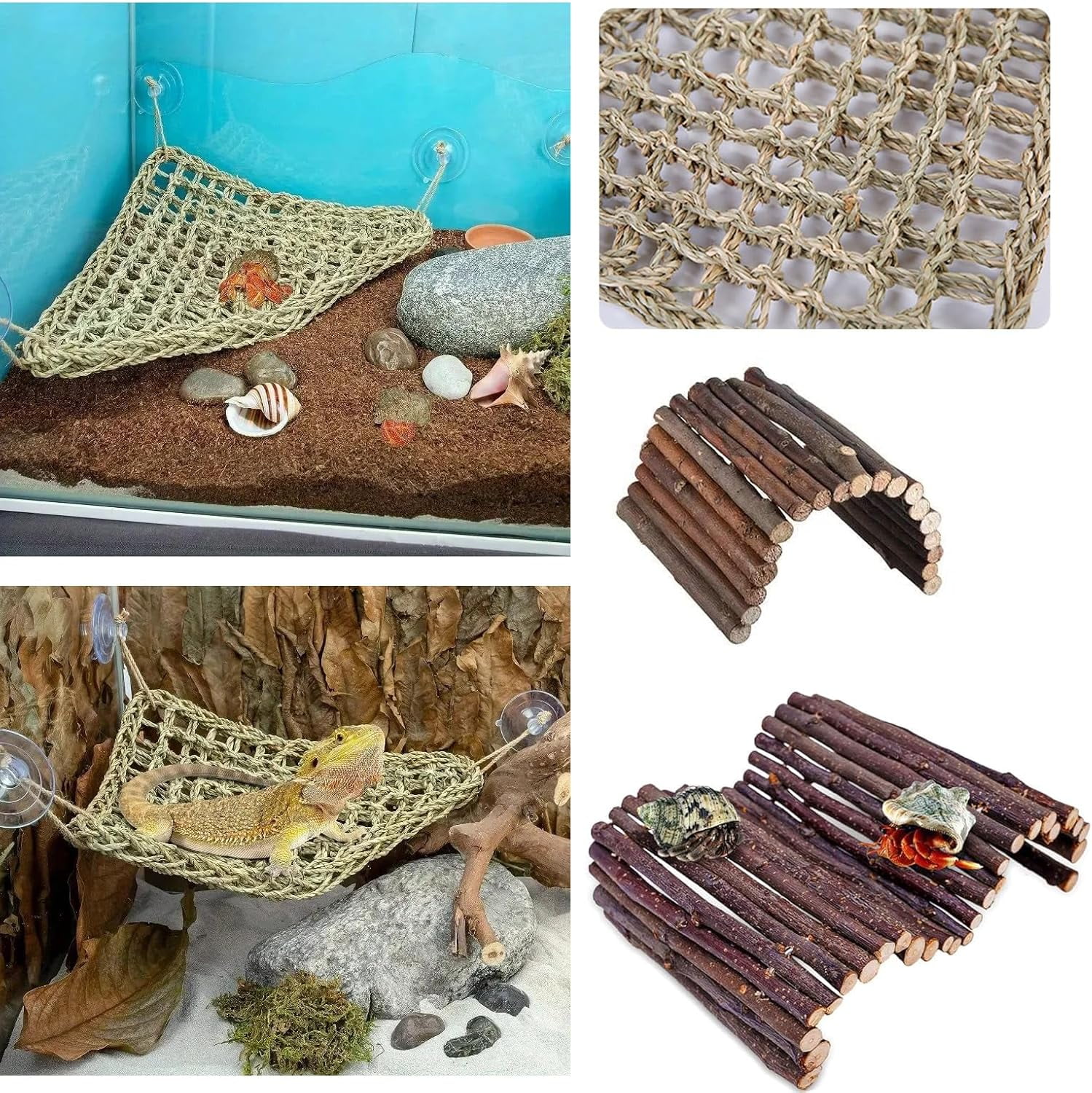 Bearded Dragon Tank Accessories Set: Reptile Habitat Decor with Climbing Hammock, Natural Wood Hideout