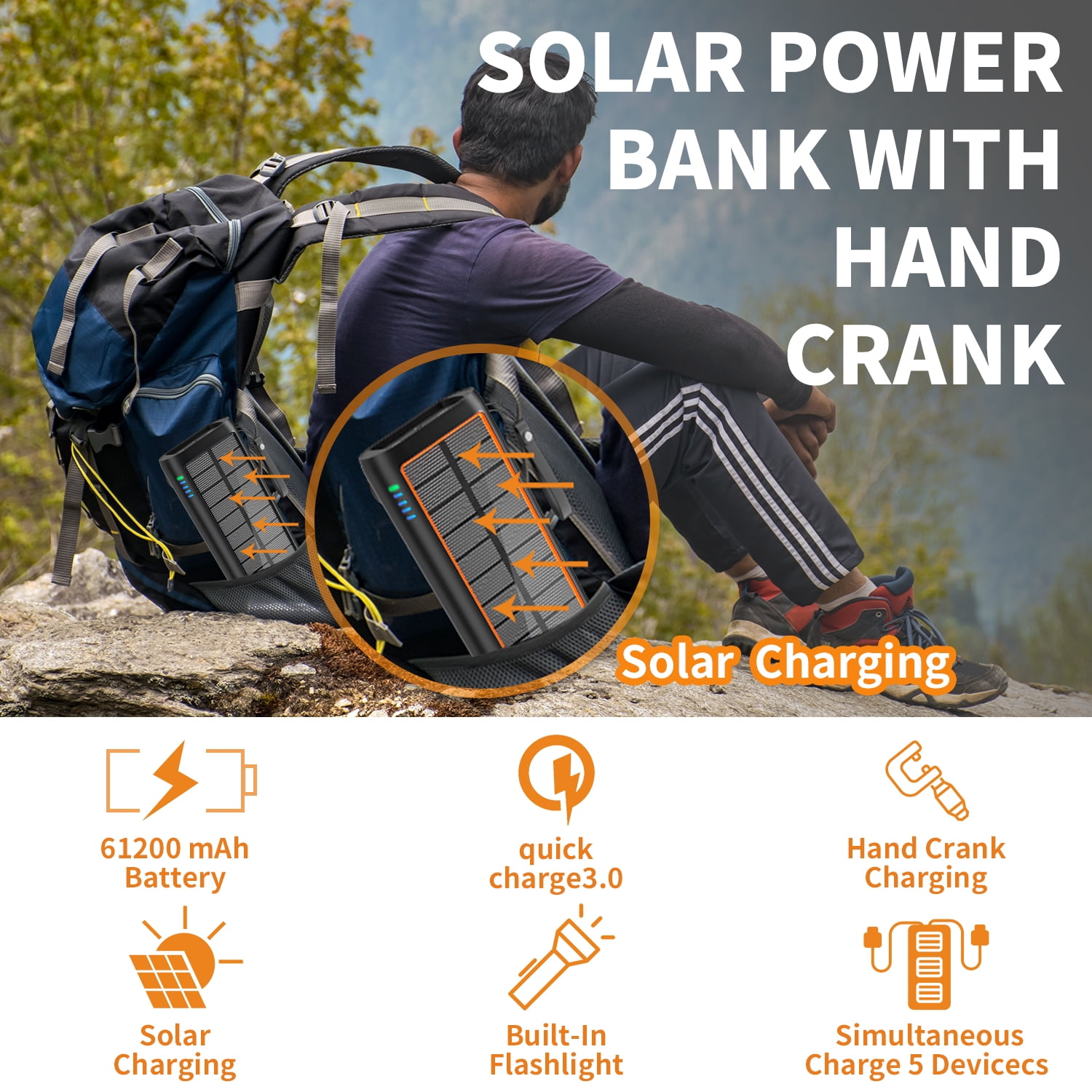 61200mAh Solar Power Bank with Hand Crank, Built-in 4 Cables, 15W Fast Charging, Type-C In/Out, LED Flashlight with SOS/Strobe, Portable Charger for iPhone and Android