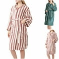 thumbnail image 2 of Fuzzy Striped Robe for Women Thickened Winter Hooded Kimono Bathrobe Warm Fleece Soft Nightgown Sleepwear with Pockets, 2 of 5