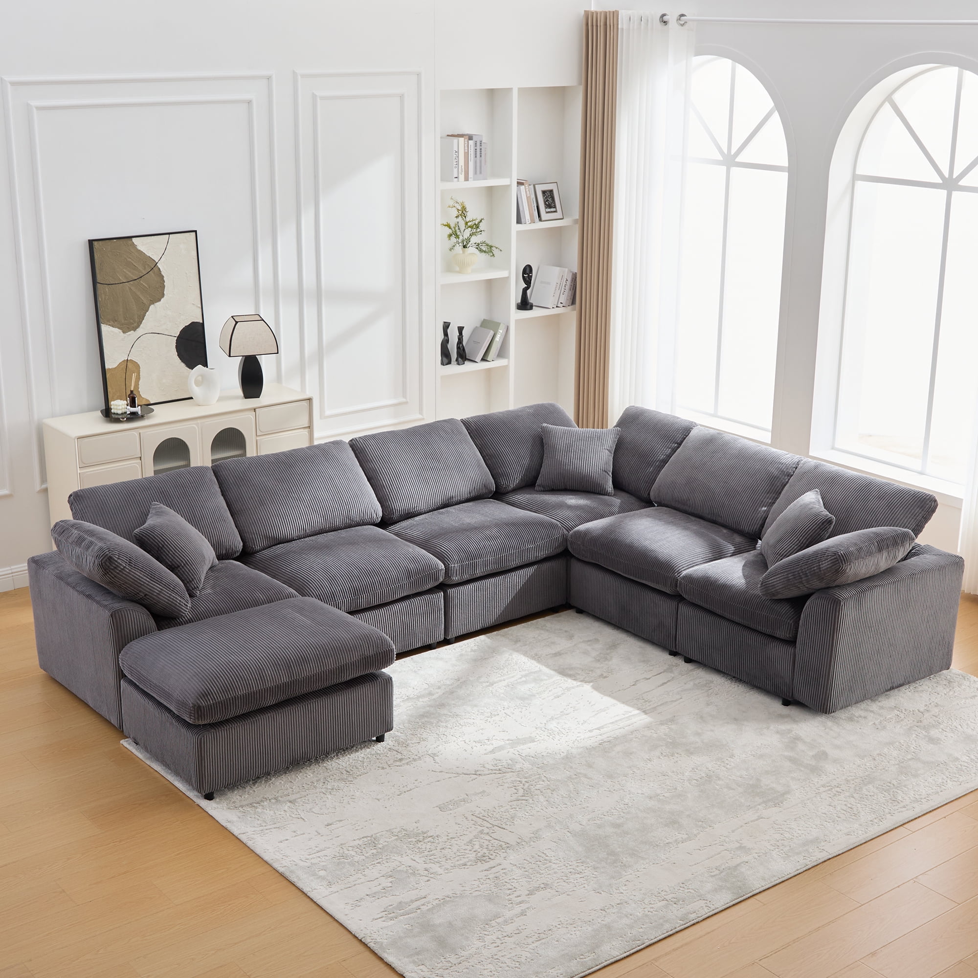 BINBANK Oversized 7-Seater Modular Sectional Sofa with Solid Wood Frame, Corduroy L-Shaped Sectional Couch with Movable Ottoman  Gray