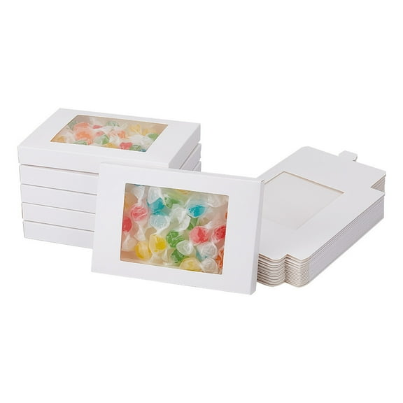 24 Pcs White Gift Box with PVC Window Fold Paper Boxes Rectangle Kraft Paper Treat Boxes for Party Favor Treats Bakery and Jewelry Packaging