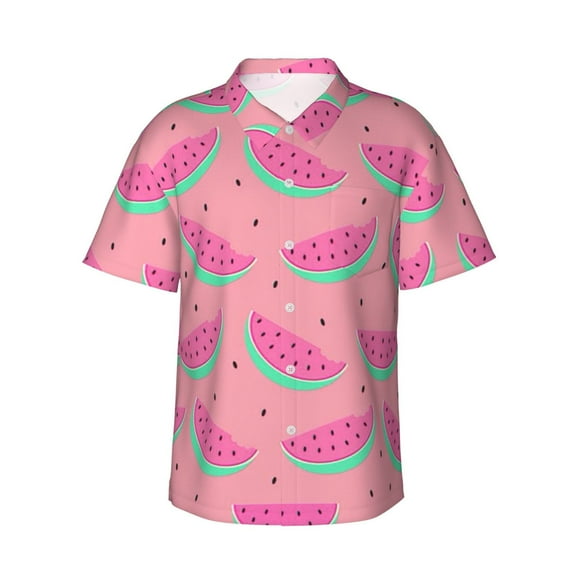 Watermelon Hawaiian Shirts For Men, Summer Short-Sleeve Relaxed-Fit Button-Down Shirts Small