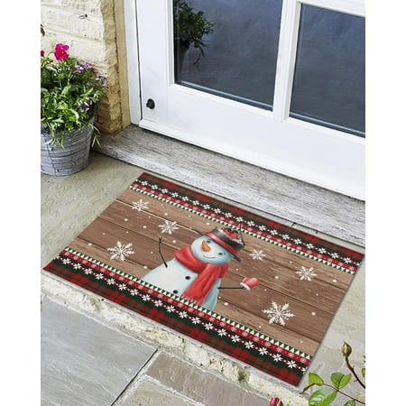 

Front Door Mat Non-Slip Absorbent Door Entry Mats Doormats Indoor/Outdoor Entrance Christmas Snowman Winter Holiday Snowflake Rustic Wood Board Doormat - Floor Mats for Home 24x16 Inch