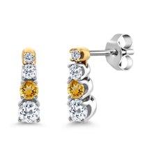 Gem Stone King 0.50 Ct Round White Topaz Yellow Citrine and Created Moissanite 925 Silver and 10K Yellow Gold Earrings