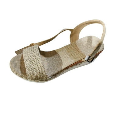 QYZEU Cute Sandals for Women Fashion Open Toe Straw Woven Buckle Wedge Heel Thick Sole Sandals Flat Sandals Causal Breathable Lightweight Sandals Khaki 38