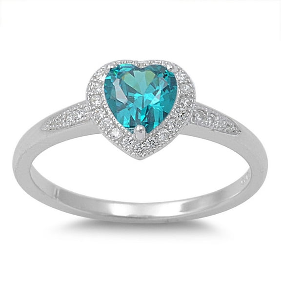 Accented Heart Center Blue Simulated Topaz Cubic Zirconia Ring Sterling Silver 925