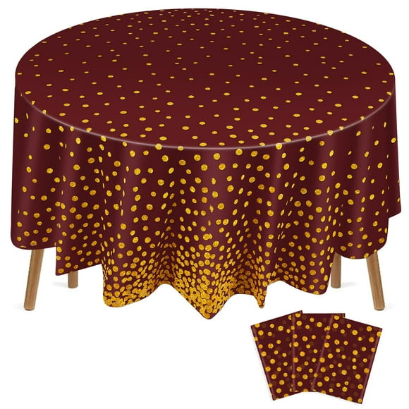 Newwiee 3 Pcs Round Dot Tablecloth 84 Inch Plastic Table Cover Confetti Tablecloths for Christmas New Year Wedding Bridal Shower Birthday Graduation Grad Party Decor (Maroon and Gold Dots)
