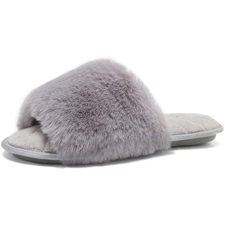 FANTURE Women's Furry Faux Fur Slippers Cozy Memory Foam House Slippers ...