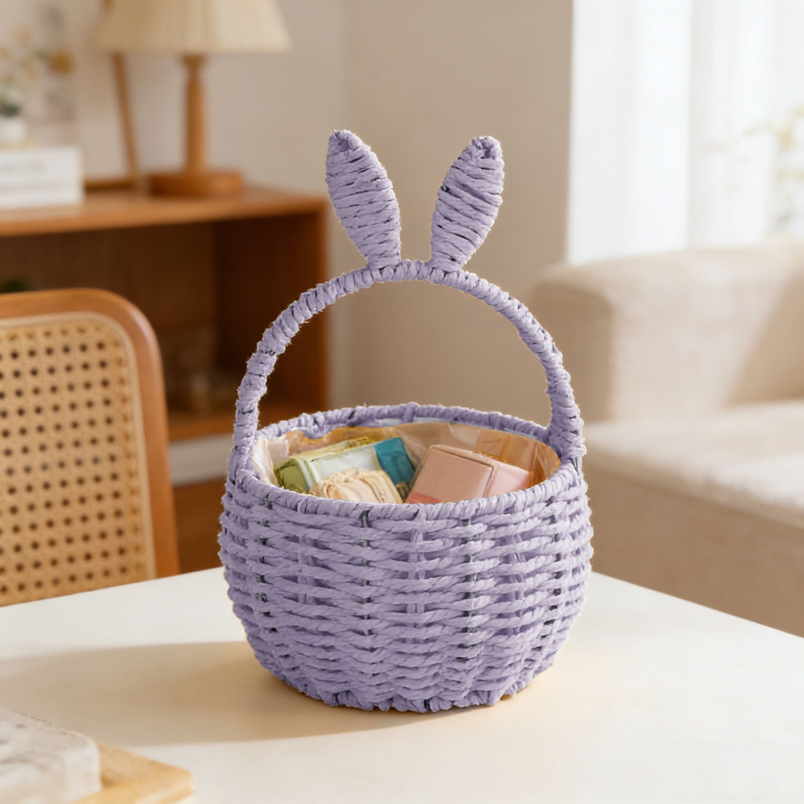 Basket with Handle Easter Bunny Rattan Woven Picnic Baskets with Rabbit Ear Straw Wicker Egg Candy Storage for Egg Party Supplies Gifts (Purple)