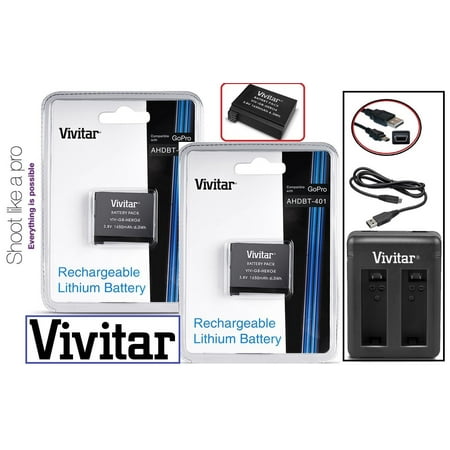 Hi Capacity 2Pc AHDBT-401 Battery & Dual Charger for GoPro HD HERO4 Black/Silver