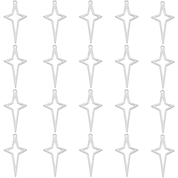 1 Box 80Pcs 4 Point Star Charms Stars Charm Bulk Hollow Stainless Steel Silver Satellite Celestial Planet Christmas Star Charm for Jewelry Making Charms Women DIY Necklace Earring Crafts
