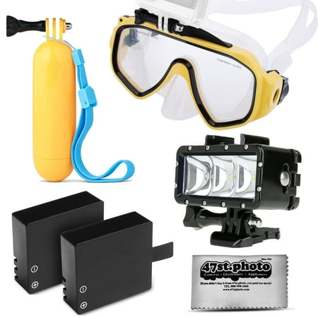 Opteka Scuba Dive Mask + Floating Hand Grip + Waterproof LED Light + 2 Extra Batteries for GoPro HERO4, HERO3, HERO2 Black, Silver, Session, SJ6000, SJ4000 and Similar Action