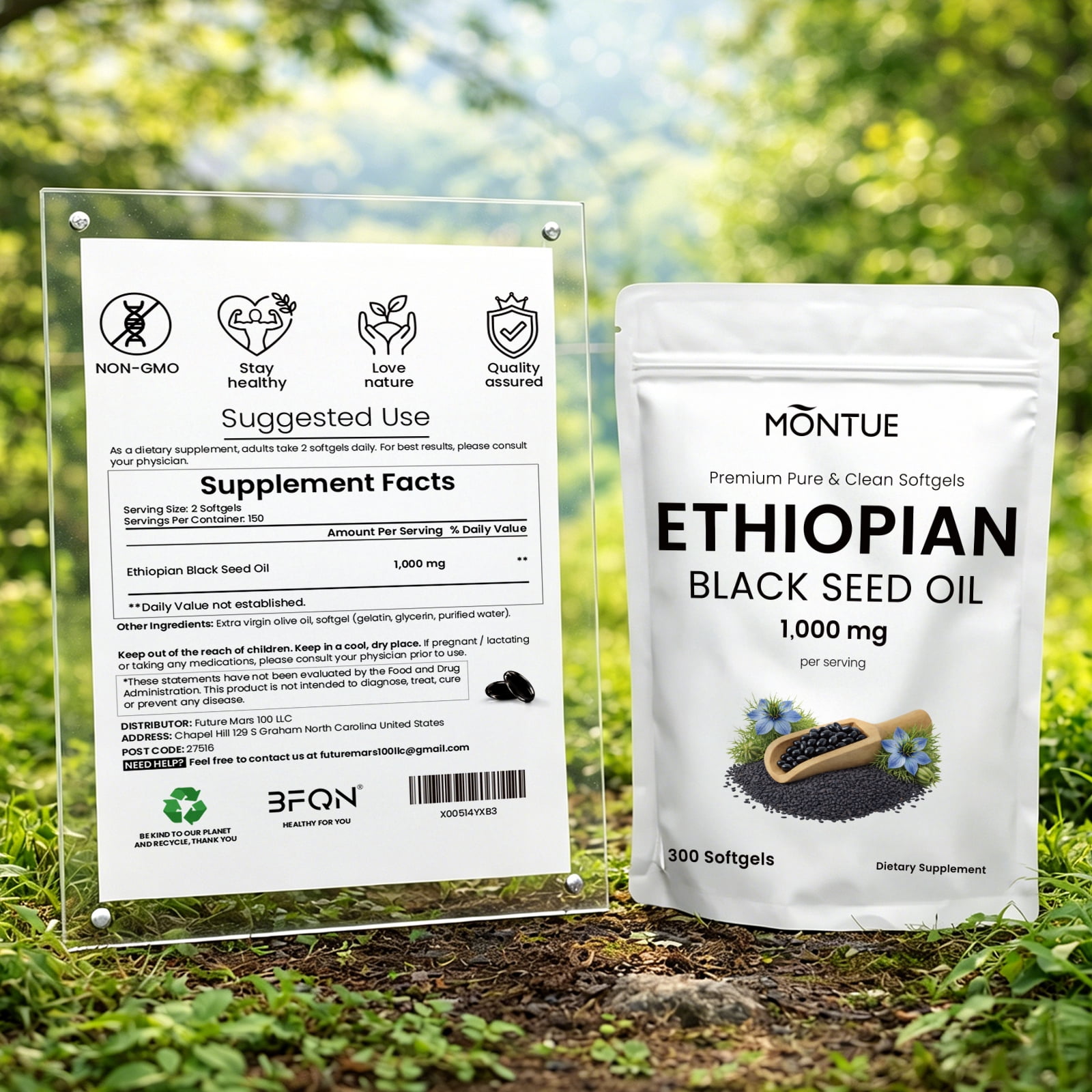 BFQN  Ethiopian Black Seed Oil Softgels – 300 Softgels with 1000mg Cold-Pressed Nigella Sativa, Non-GMO, Skin Health Support