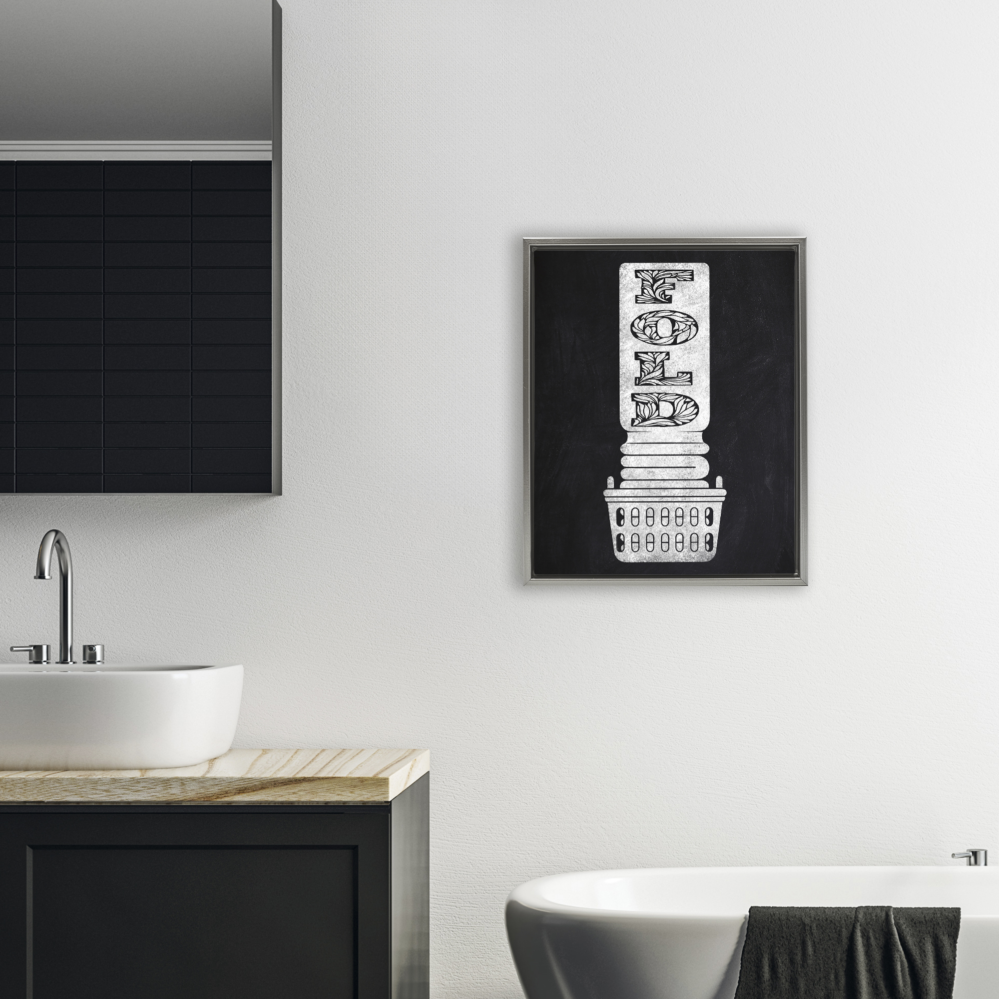 Laundry Fold Ornate Letters Gray Framed Floater Canvas Wall Art, design by Marcus Prime