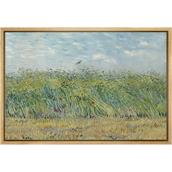 PixonSign Framed Canvas Print Wall Art Wheat Field With A Lark by Vincent Van Gogh Nature Wilderness Illustrations Modern Art Decorative Floral Botanical Minimal Fine Art - 16"x24" Natural