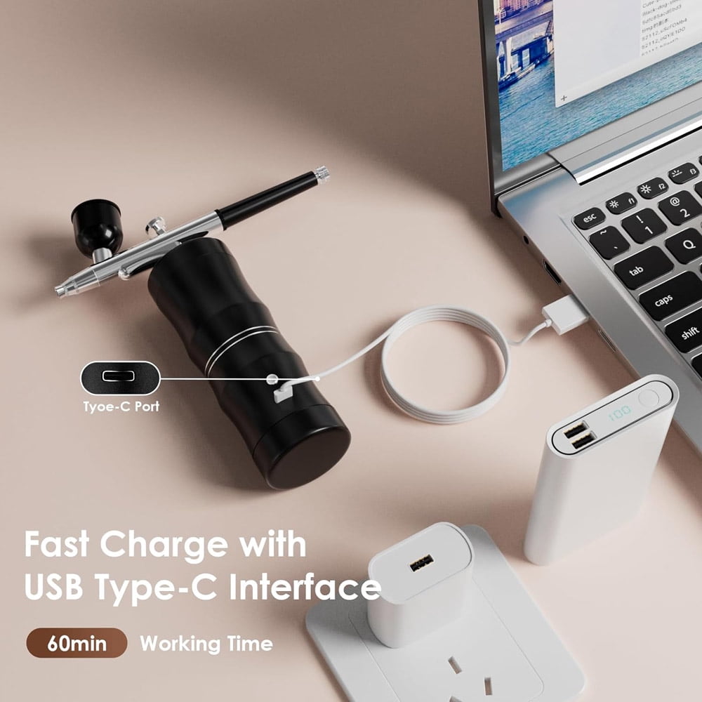 Portable Cordless Airbrush Kit with Mini Air Compressor Rechargeable Spray Gun for Nail Art Makeup Tattoo Cake Decorating Painting Hobby Crafts Dual Action Air Brush Set USB Charging Cleaning Tool