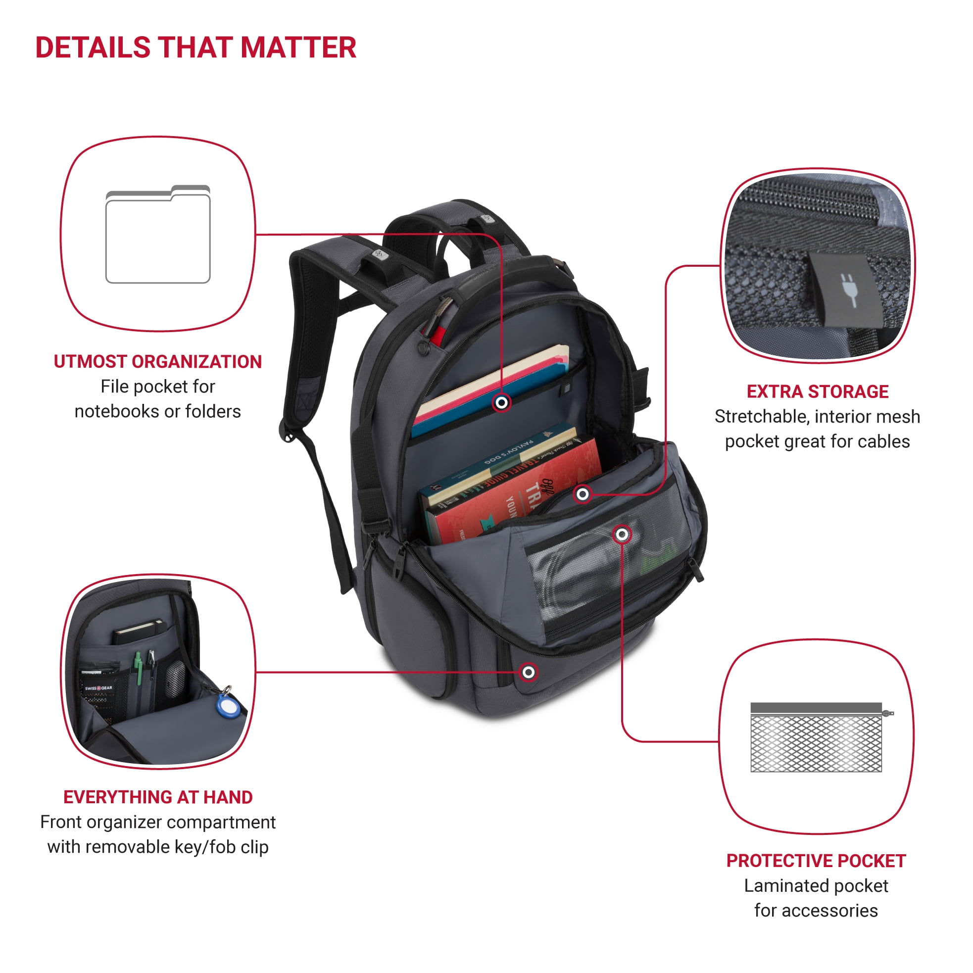 SWISSGEAR Stride ScanSmart Laptop Backpack, Dark Gray, Feature Packed for School, Travel, Everyday