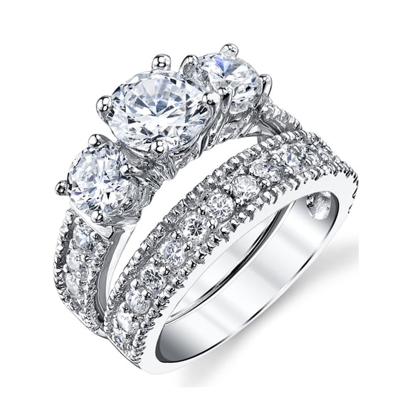 Sterling Silver Past Present Future 2-Pc Bridal Set Engagement Wedding Ring Band W/Cubic Zirconia CZ