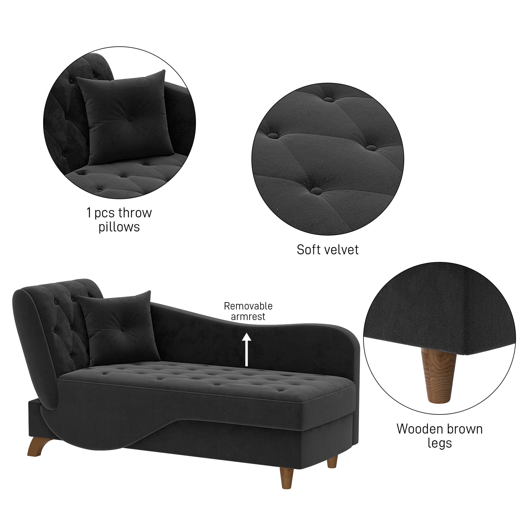 Wiilayok Chaise Lounge Chair Indoor Furniture with Storage Pillow,Adjustable Recling Sleeper Sofa Lounge Chair,Velvet Futon Sofa Couch Bed for Living Room Bedroom,Black