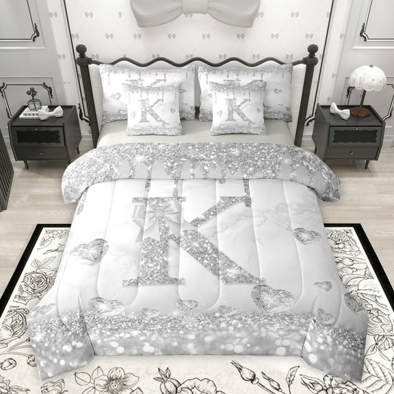 Homewish Fashion Initial K Letter Twin Bedding Sets 7-Piece, Glitter Diamond Love Heart Bedding Comforter Set, Princess Grey Bowknot Reversible Sheet Sets, Super Cozy Room Decor