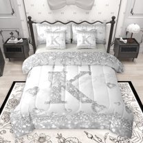 Manfei Fashion Initial K Letter Twin Bedding Sets 7-Piece, Glitter Diamond Love Heart Bedding Comforter Set, Princess Grey Bowknot Reversible Sheet Sets, Super Cozy Room Decor