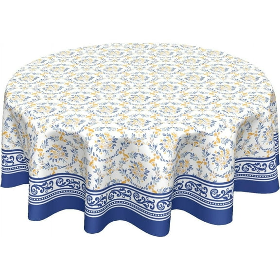 Yellow Floral Tablecloth Round 60 Inch Spring Summer Vintage Blue Flower Decorative Outdoor Table Cloth Washable Fabric Boho Table Cover for Kitchen Dining Holiday Party Picnic Indoor Home Decor