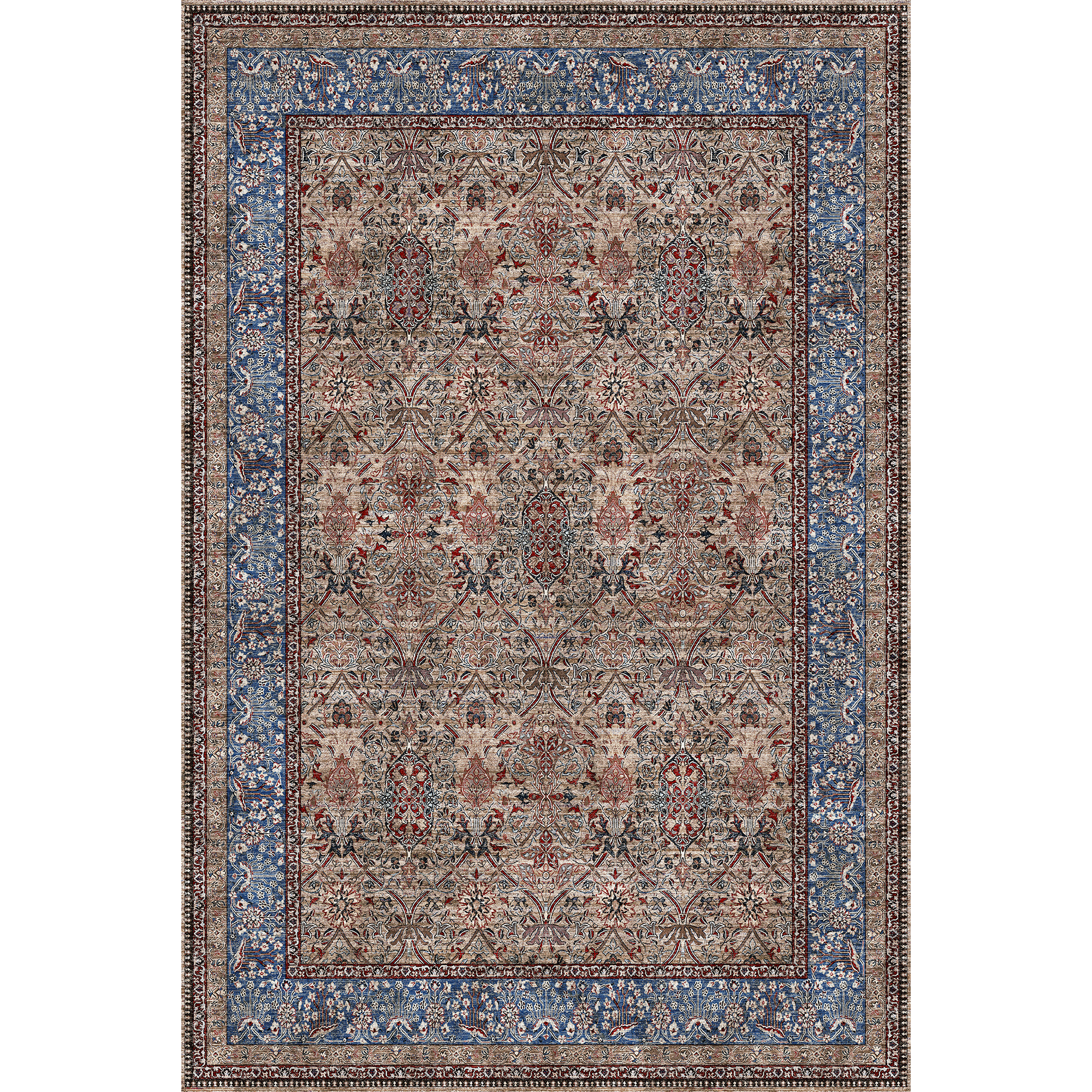 NICETOWN Area Rug 6'x9' Washable Living Room Rug, Non-Slip Vintage Floral Rug Indoor Large Carpet Non-Shedding Mat for Bedroom, Dusty Blue