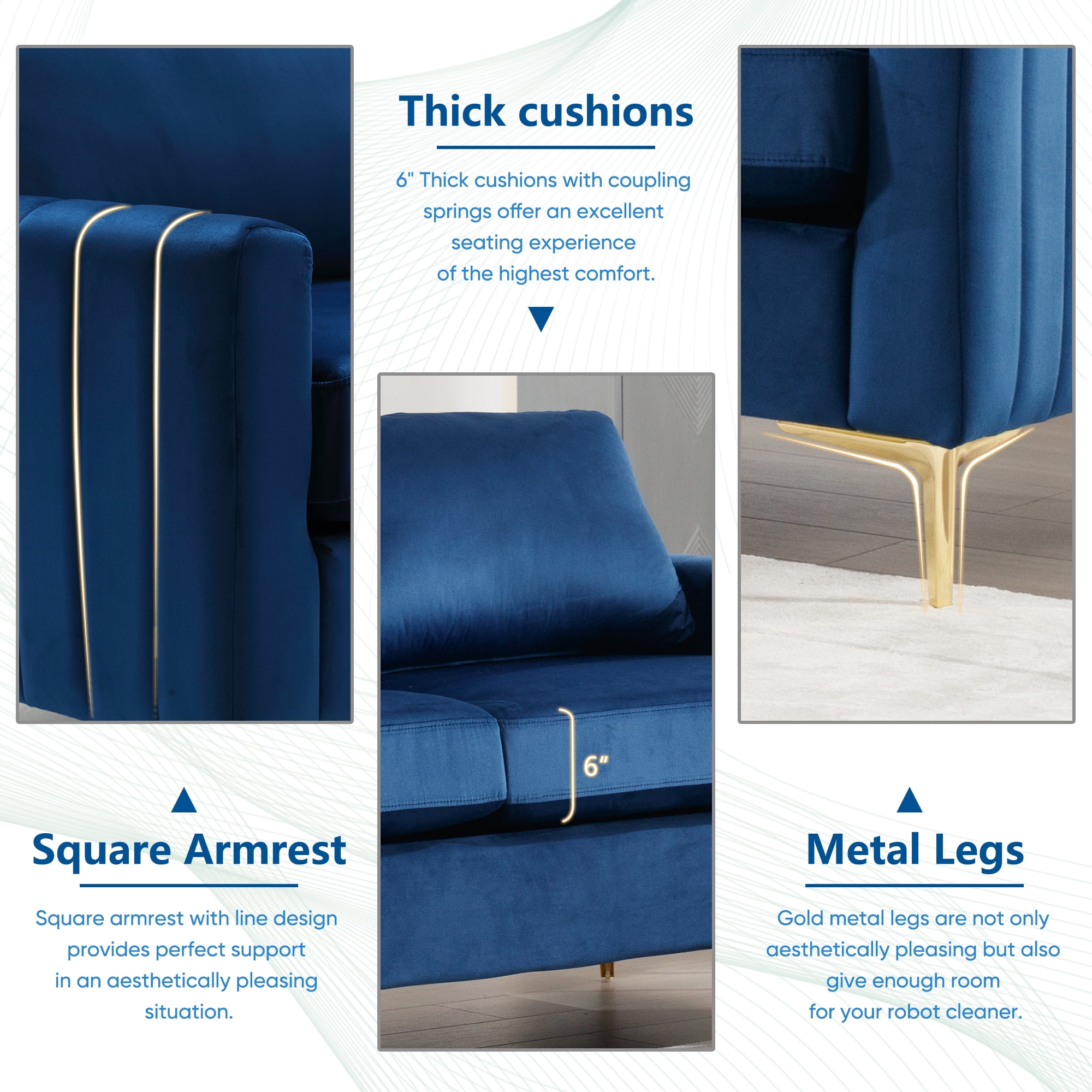 Lunale 65" Loveseat Sofa, Deep Seat Cloud Couch, Modern Velvet Living Room Sofa, Navy Blue