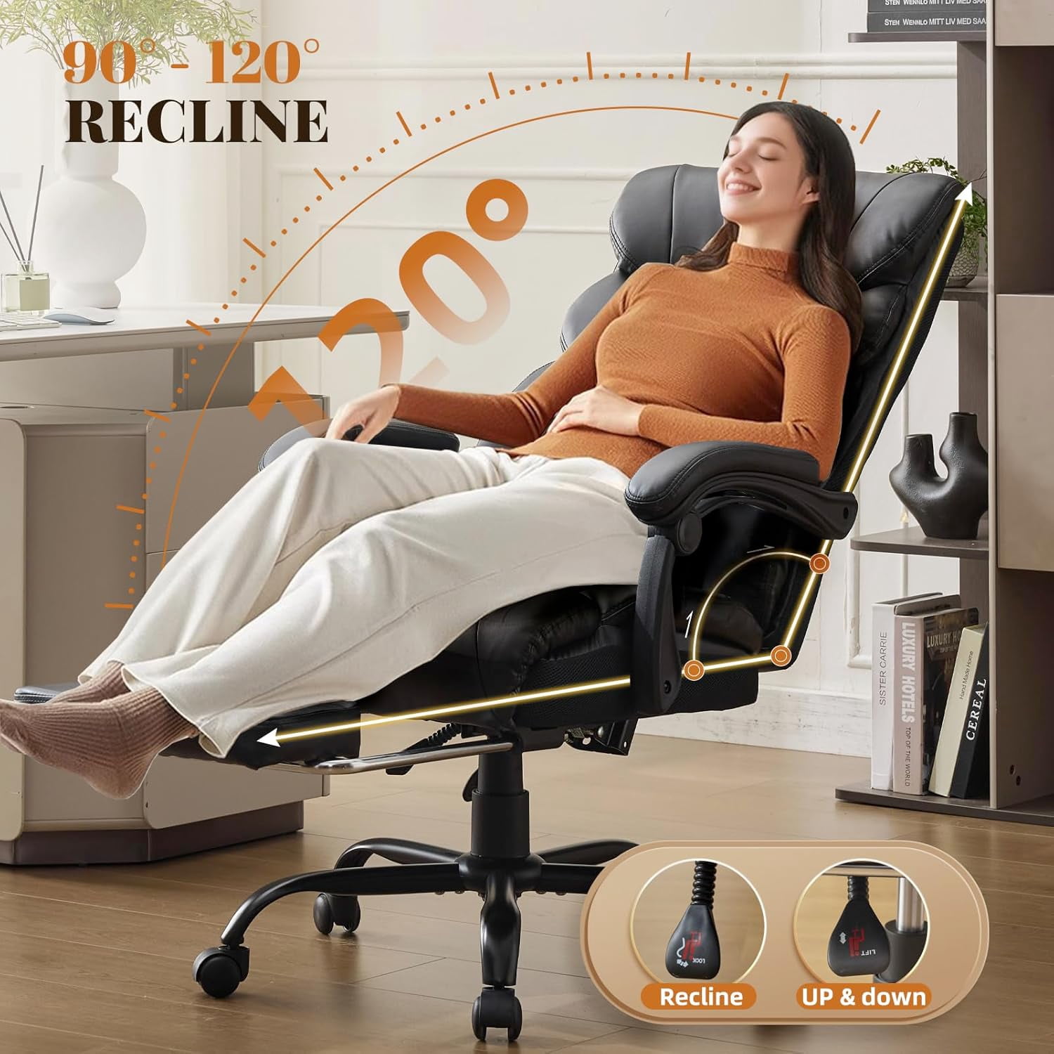 Ergonomic Executive Office Chair with High Back Support, Padded Armrests, Retractable Footrest, Wide Seat, and Heavy-Duty Swivel Base – Comfortable Computer Desk Chair for Home Office