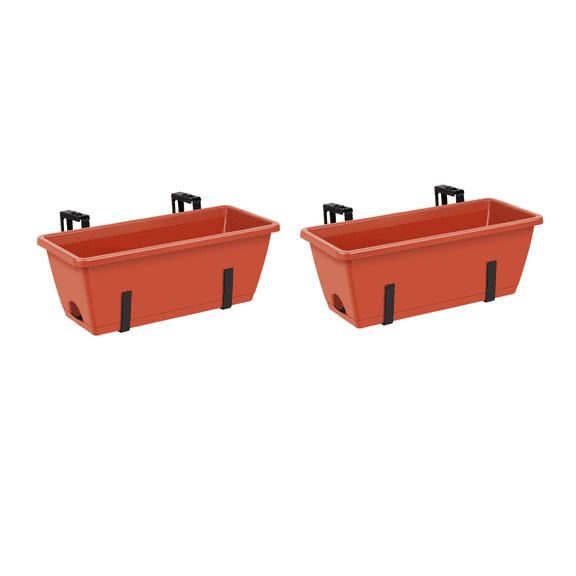 2 Pack Red Window Box Planters, Rectangular Railing Hanging Flower Pots with Adjustable Brackets, Plastic Outdoor Balcony Deck Planter Boxes for Herbs, Flowers & Vegetables