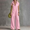 thumbnail image 5 of TEAJOPSUU Womens Cap Sleeve Collared Jumpsuits Zip Front Wide Leg Long Rompers with Pockets Turn Down Collar Summer Casual Daily Wear Pink, 5 of 6