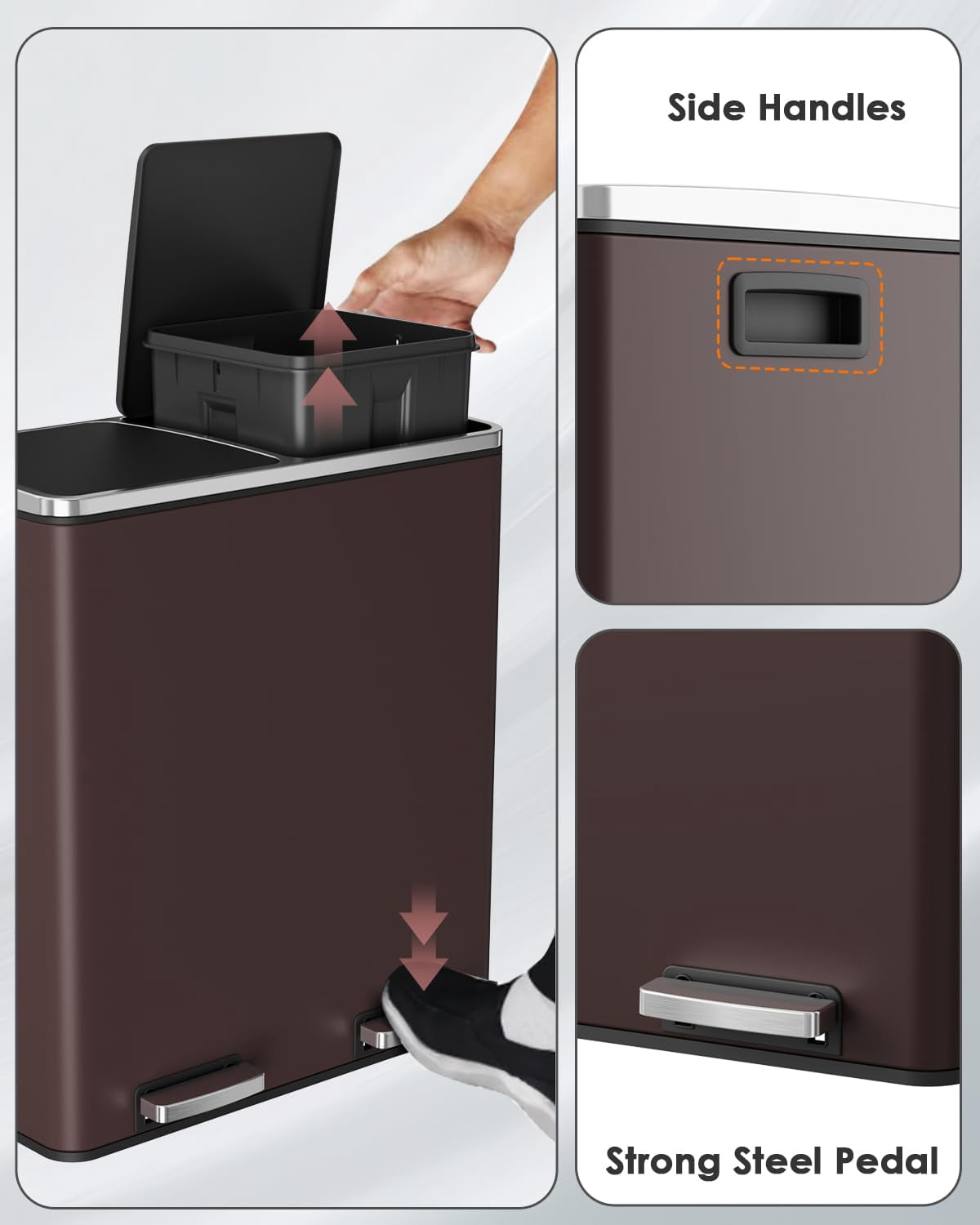 Pirecart 60 Step Trash Can Rectangular Stainless Steel Dual Compartment Garbage Can, Brown