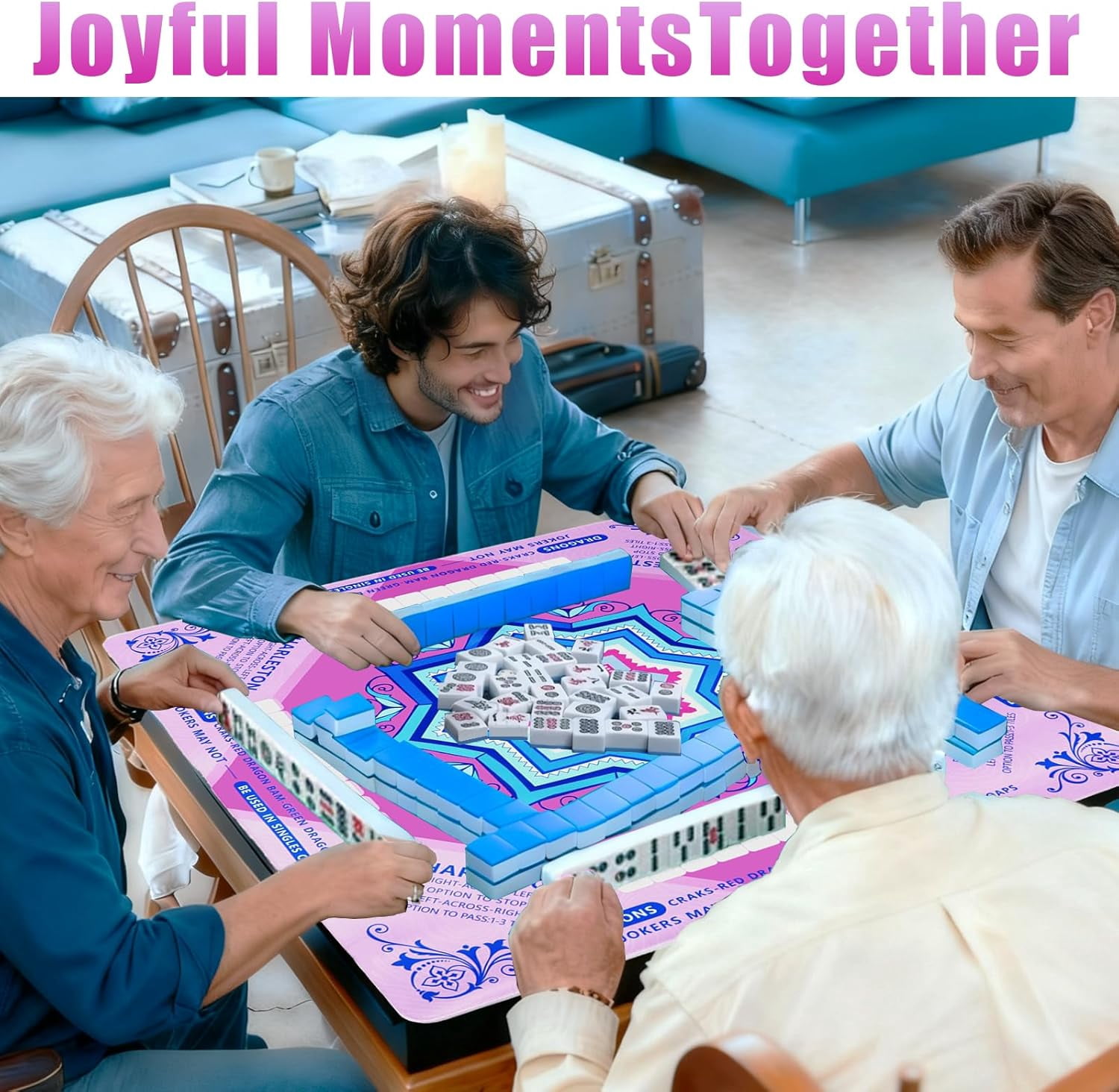 Cyfie Mahjong Mat for Table 32.5x32.5 Inch, 3mm Thick Anti-Slip Noise Reduction Mahjong Mat with Rules, Waterproof Game Mats for Poker, Board Games, Cards & Dominoes (Pink)