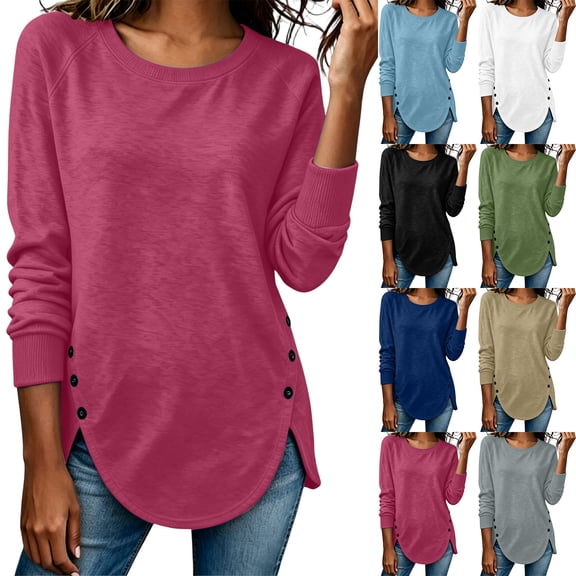 VBVC Women's Crew Neck Tunic Sweatshirt , Ladies' Long Sleeve Side Button Pullover , Casual Fall Curved Hem Tops For Women, Hot Pink , S-2XL