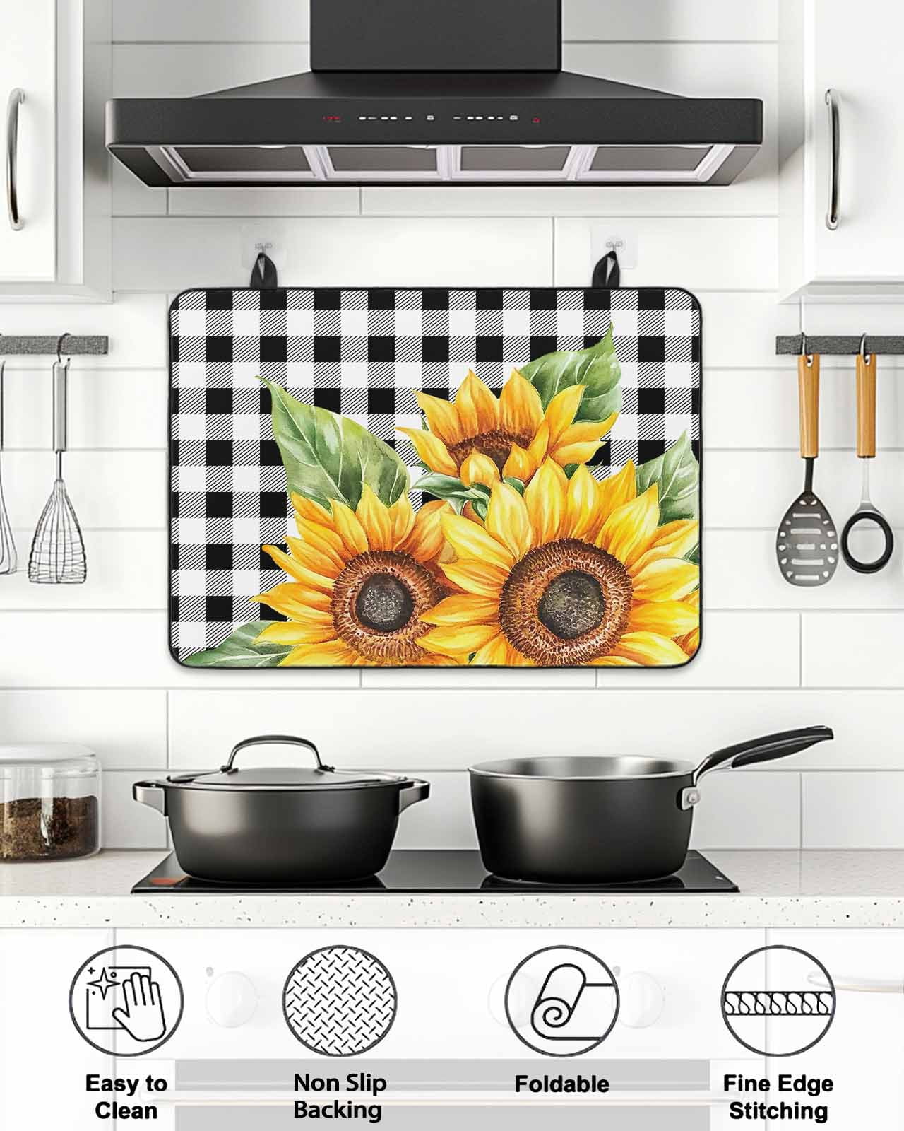 Rustic Sunflower Stove Top Covers for Electric Stove, 28'x20'' Country Floral Pastoral Black Buffalo Plaid Glass Ceramic Stove Cover Foldable Rubber Mat Heat Resistant Cooktop Protector for Kitchen