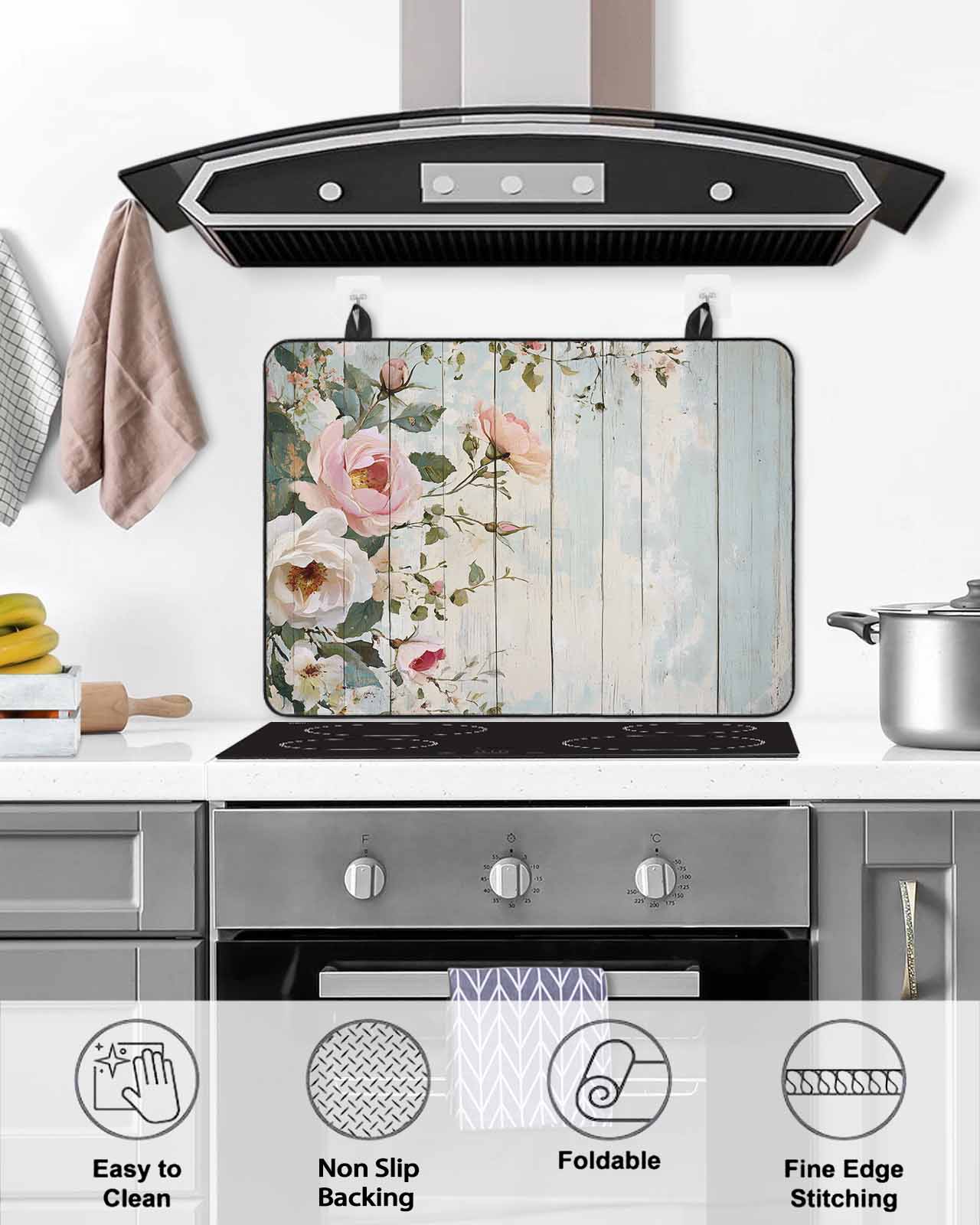 nqOlkjepod Large Induction Cooktop Protector Mat 36"x21", Pink White Floral Stove Top Covers for Electric Stove, Spring Leaves Garden Pastoral Country Stove Burner Cover Mats, Glass Top Stove Cover
