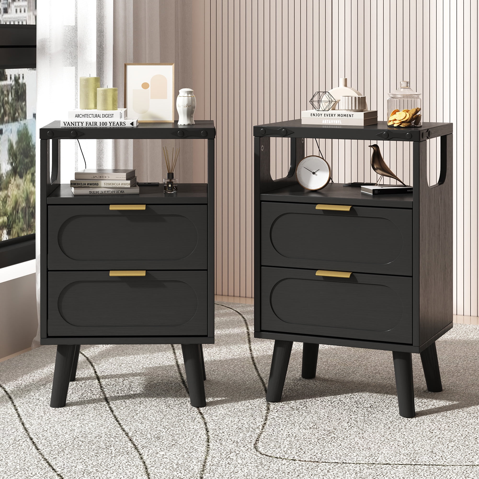 Smart LED Nightstand with Charging Station, Side Table with 2 Wooden Drawers, End Table with Open Shelf, Night Stand for Bedroom, Black