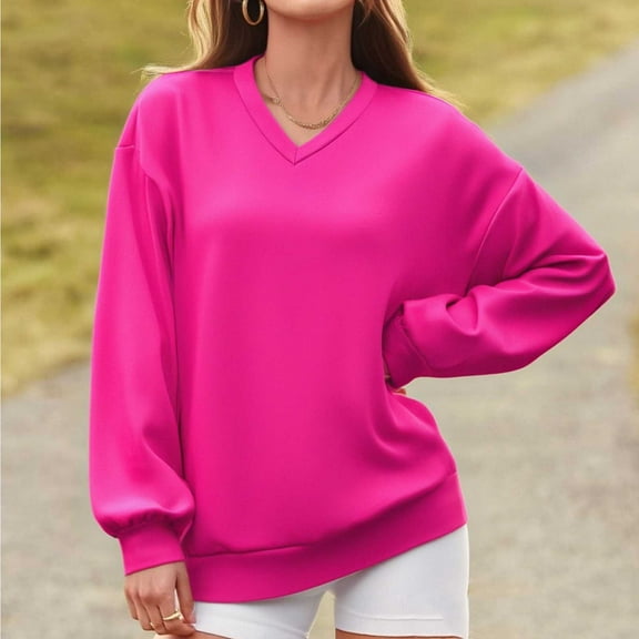 HOMBOM Lightweight Sweatshirt for Women Winter Hot Pink Pullover Long Sleeve Plain V-Neck Womens Tops
