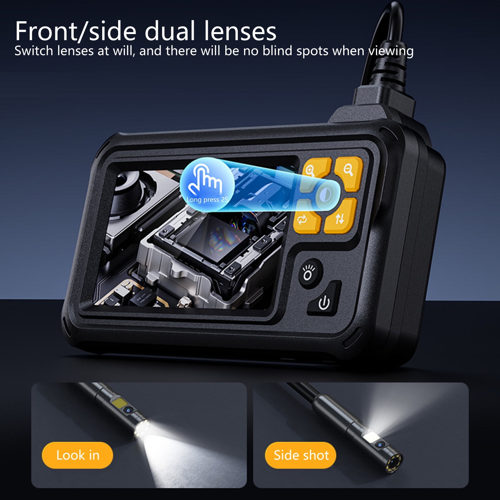 Waterproof Industrial Endoscope Type-C Rechargeable Double Lens Borescope Inspection Camera with 4.3in Screen 8 LEDs