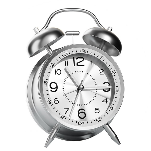 Reloj despertador plateado metalizado con campanas gemelas que no hacen tictac y silencioso